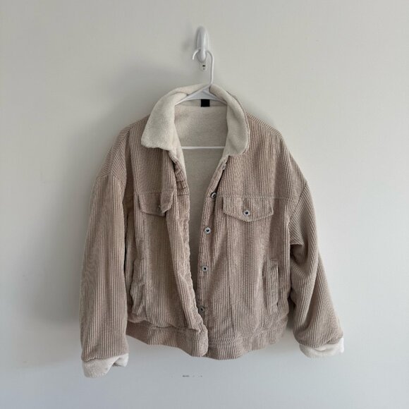 Beige Corduroy Fleece Lined Jacket, Women’s Medium Button Up - Picture 3 of 4